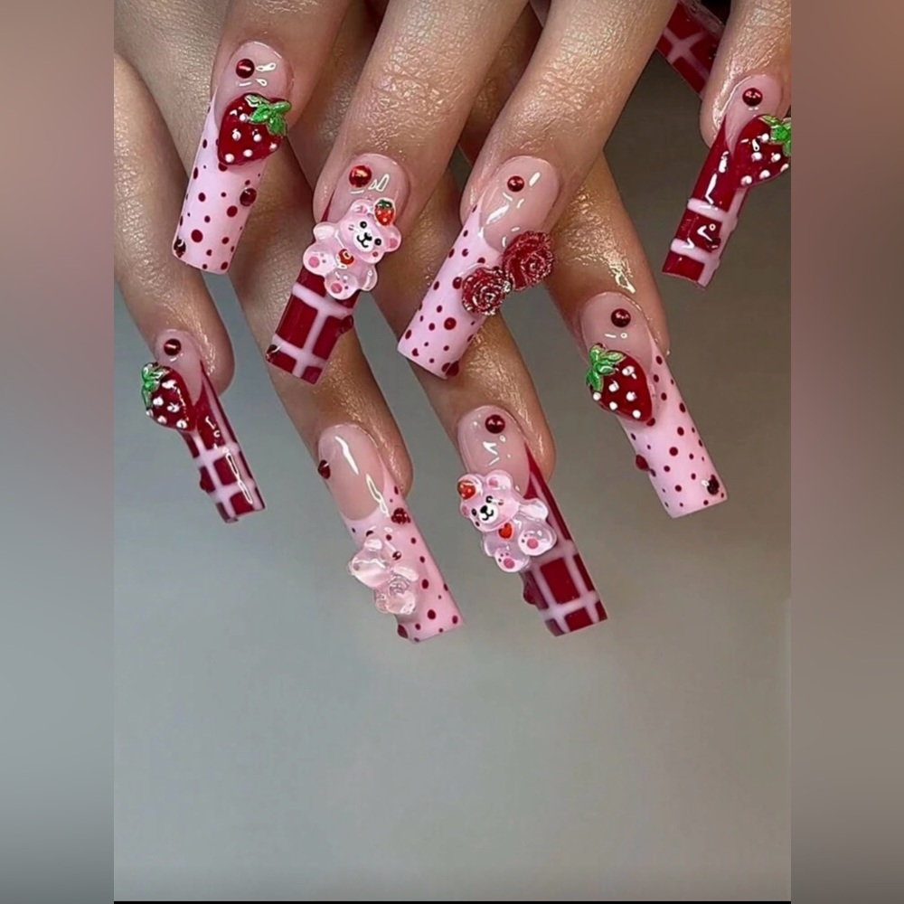 New Arrivals! 3D Strawberry and Bear Press-On Nails ,